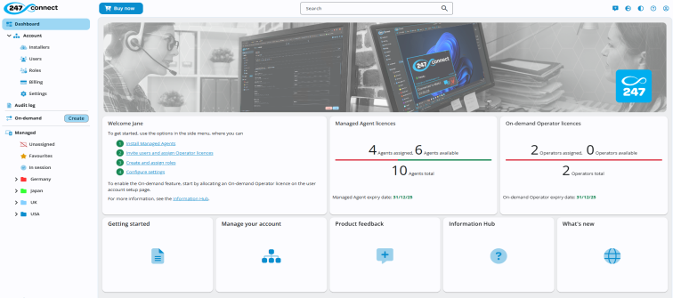 247connect dashboard showing account and licence details. The side menu highlights Dashboard. The main panel shows a welcome message, links to setup tasks, Managed Agent and On-demand Operator licence stats, and tiles for Getting Started, Manage Your Account, Product Feedback, Information Hub, and What's New.